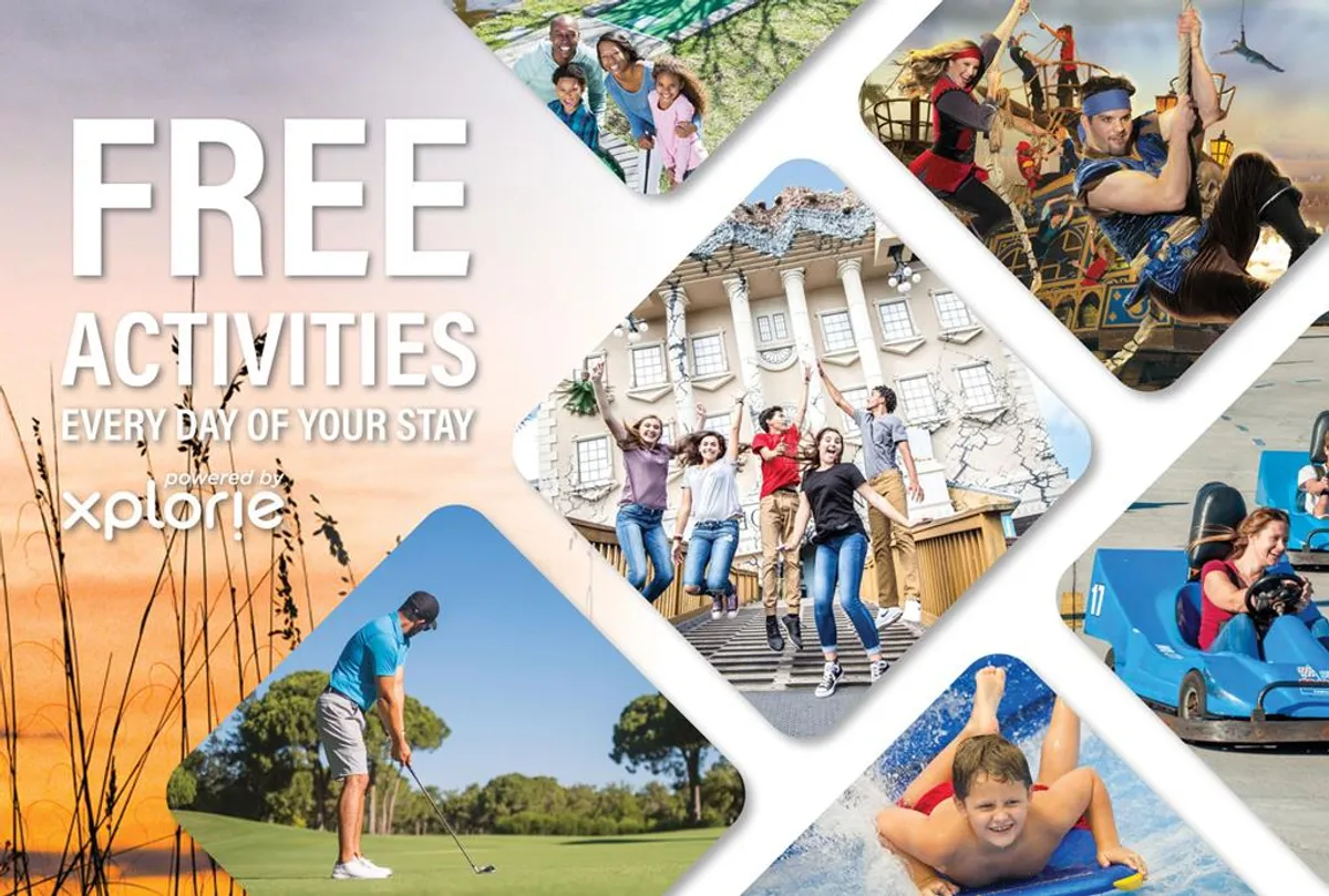 A vibrant scene showcasing families and children enjoying a range of outdoor activities, including golfing, amusement park rides, water sports, and group outings. The image captures the joyful, energetic spirit of family vacations.