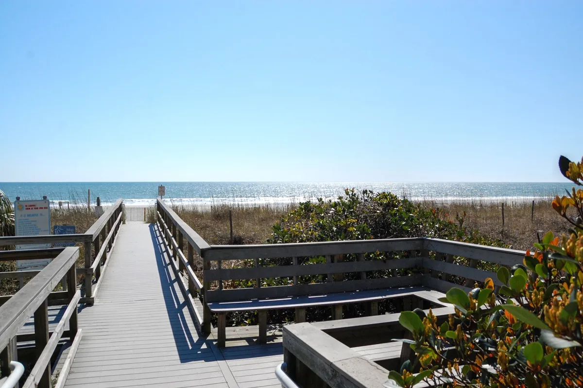 A wooden boardwalk overlooking dune vegetation and the ocean, with expansive beach views. The area is peaceful, evoking the pleasure of sunrise or sunset walks along the shore. The scene conveys tranquility and connection with nature.